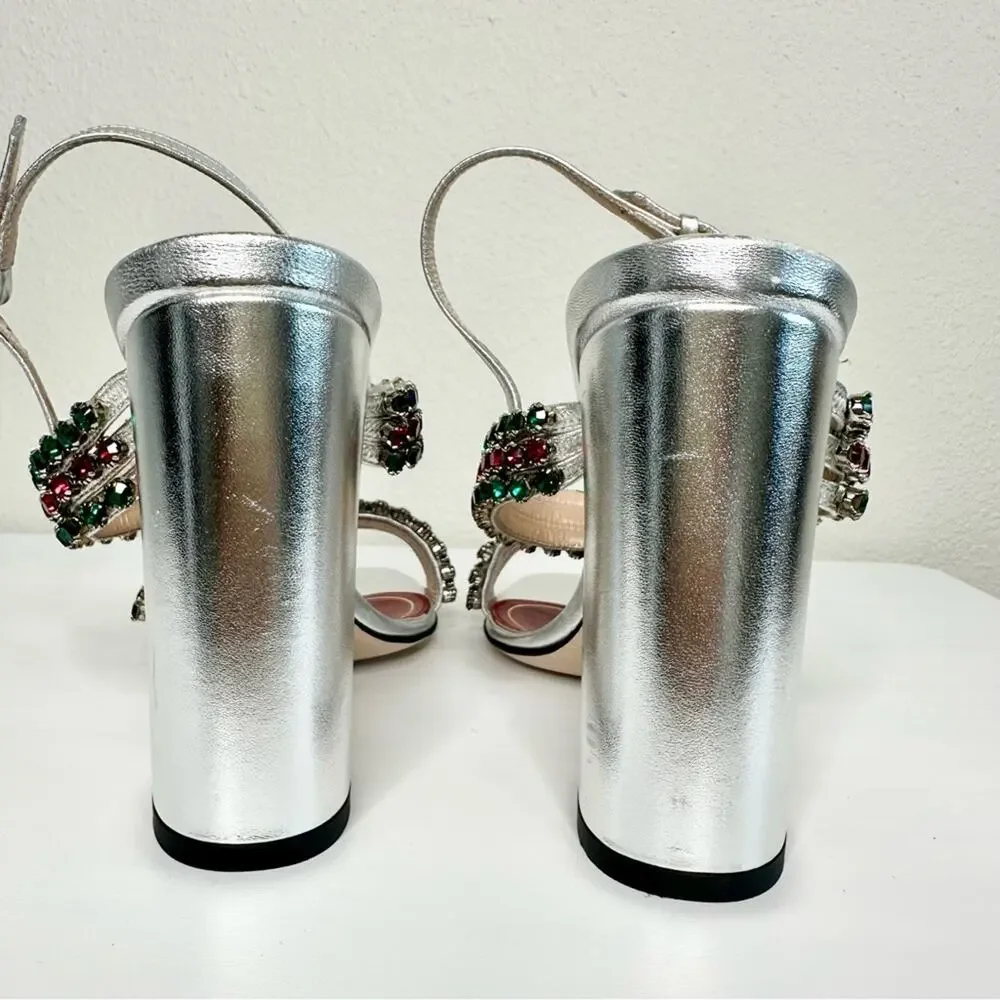 NEW GUCCI Bertie Nappa Leather Crystal Strappy Sandals Size 37 Silver - Picture 7 of 11